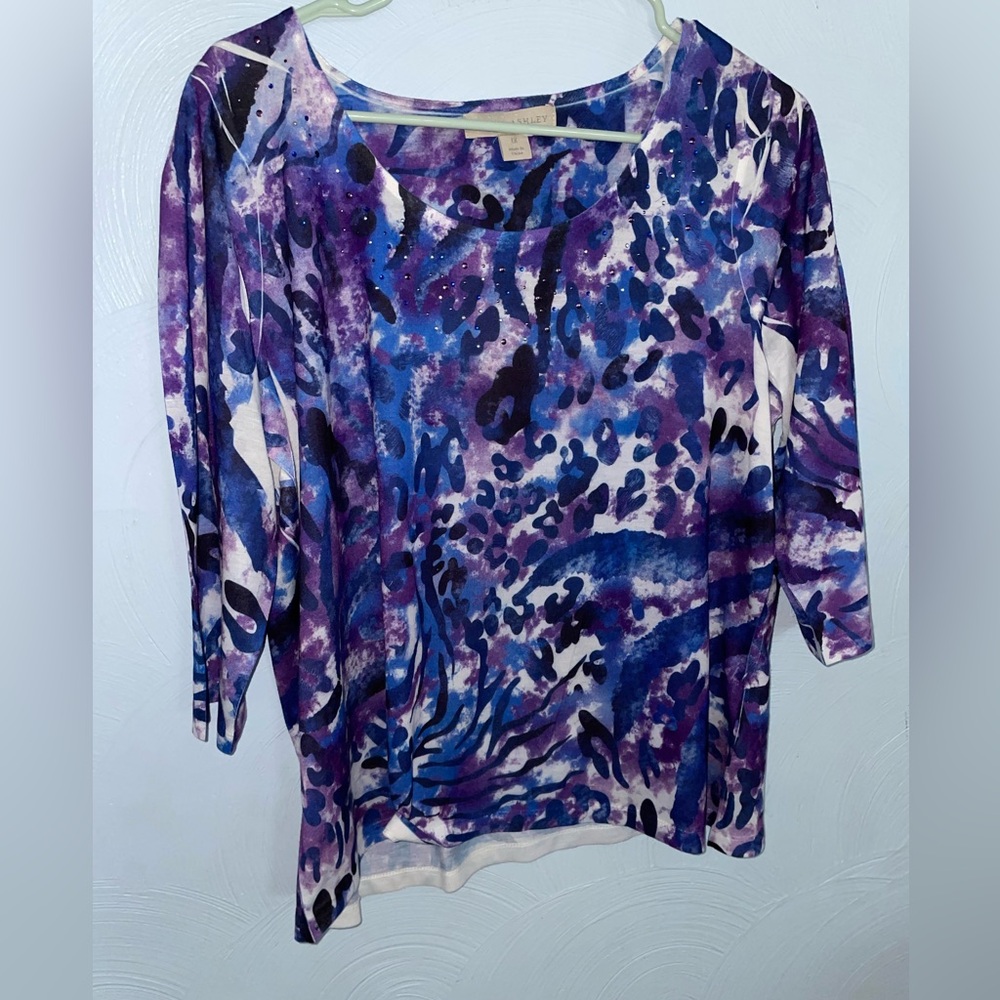 Women’s 1X Laura Ashley Purple&Blue Animal Print 3/4 Sleeve Top